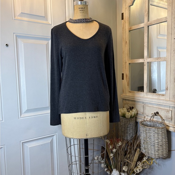 Generation Love Tops - Generation Love Charcoal Long Sleeve V-Neck‎ Top w/ Stunning Neck Embellishments